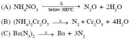 NH4NO3 below 300 C → N2O + 2H2O