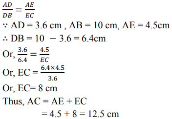 D And E Are Points On The Sides Ab And Ac Respectively Of A Abc Such That De If Ad 3 6cm Ab 10cm And Ae 4 5cm Find Ec And