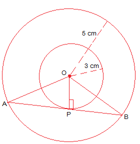 Two concentric circles are of radii 5 cm and 3 cm. Find the length of the chord of the larger circle which touches the smaller circle.