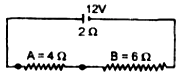 A battery of emf 12V and internal resistance 2Ω is connected with two resistors A and B of resistance 4Ω and 6Ω respectively joined in series. . The current i in the circuit  is