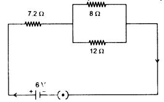 Three resistors are connected to a 6 V battery as shown in the figure        Calculate:    potential difference across the 7.2 ohm resistor